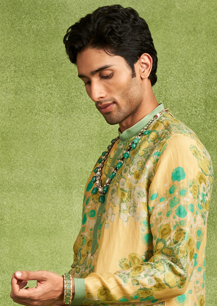 Twamev Men Sunbeam Yellow Teal Green Kurta Pajama