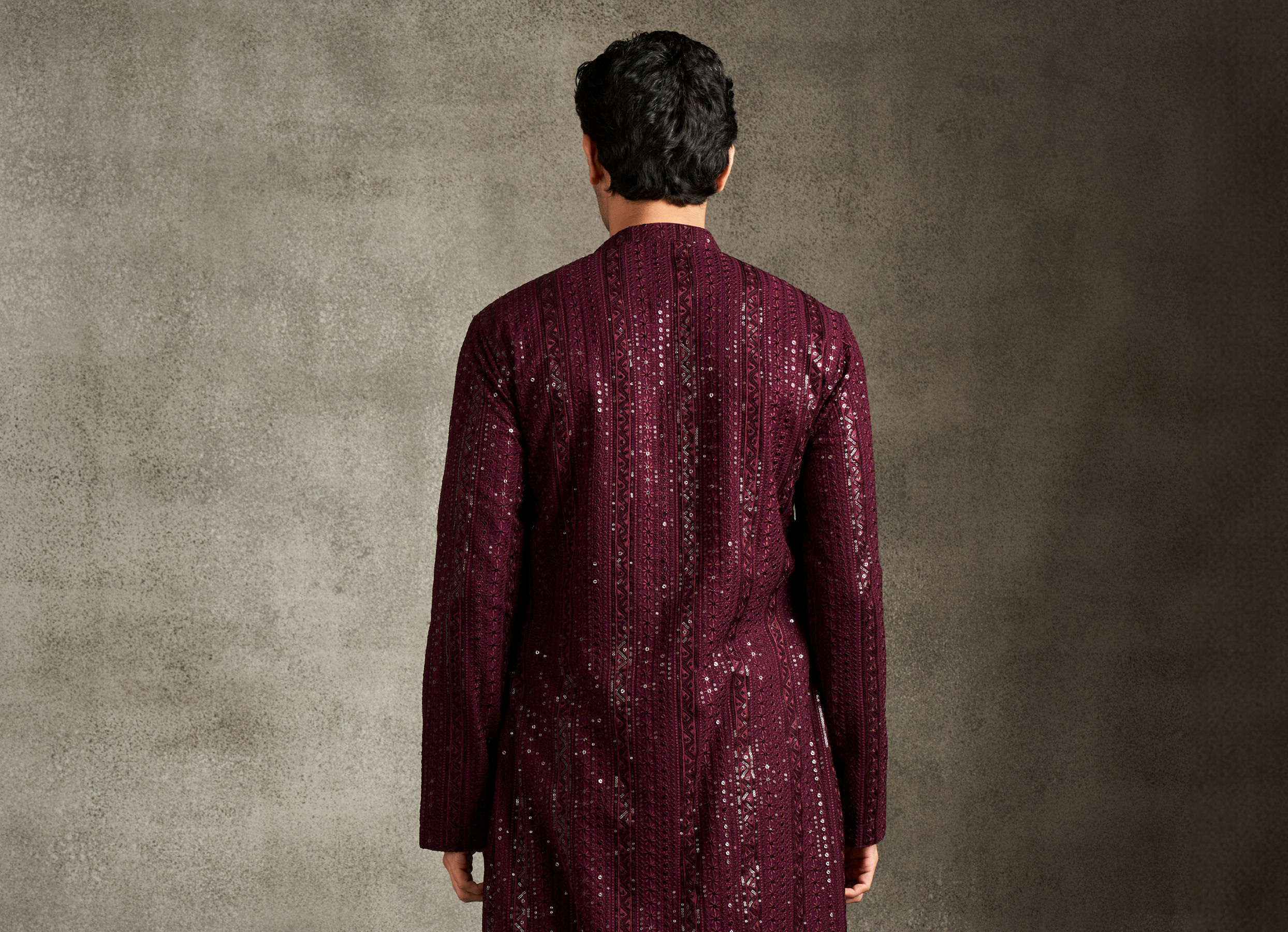 Twamev Men Wine Georgette Sequin Embroidered Kurta Set