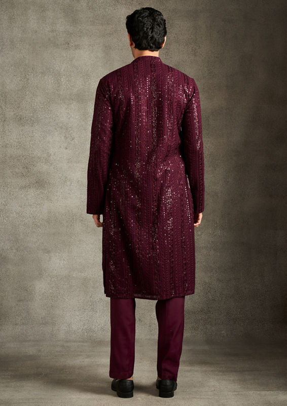 Twamev Men Elegant Wine Georgette Kurta Pajama