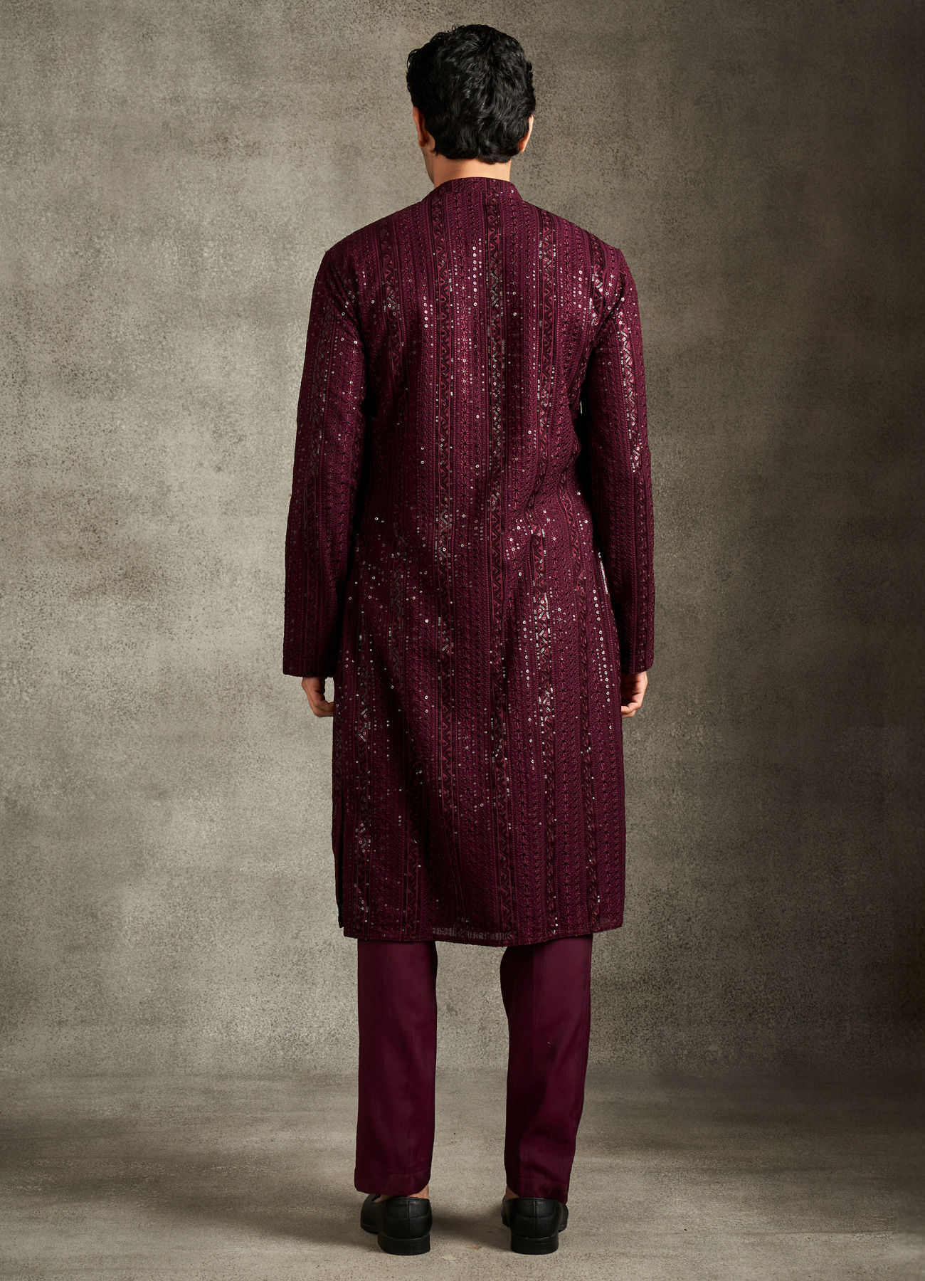 Twamev Men Wine Georgette Sequin Embroidered Kurta Set