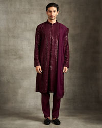 Twamev Men Wine Georgette Sequin Embroidered Kurta Set