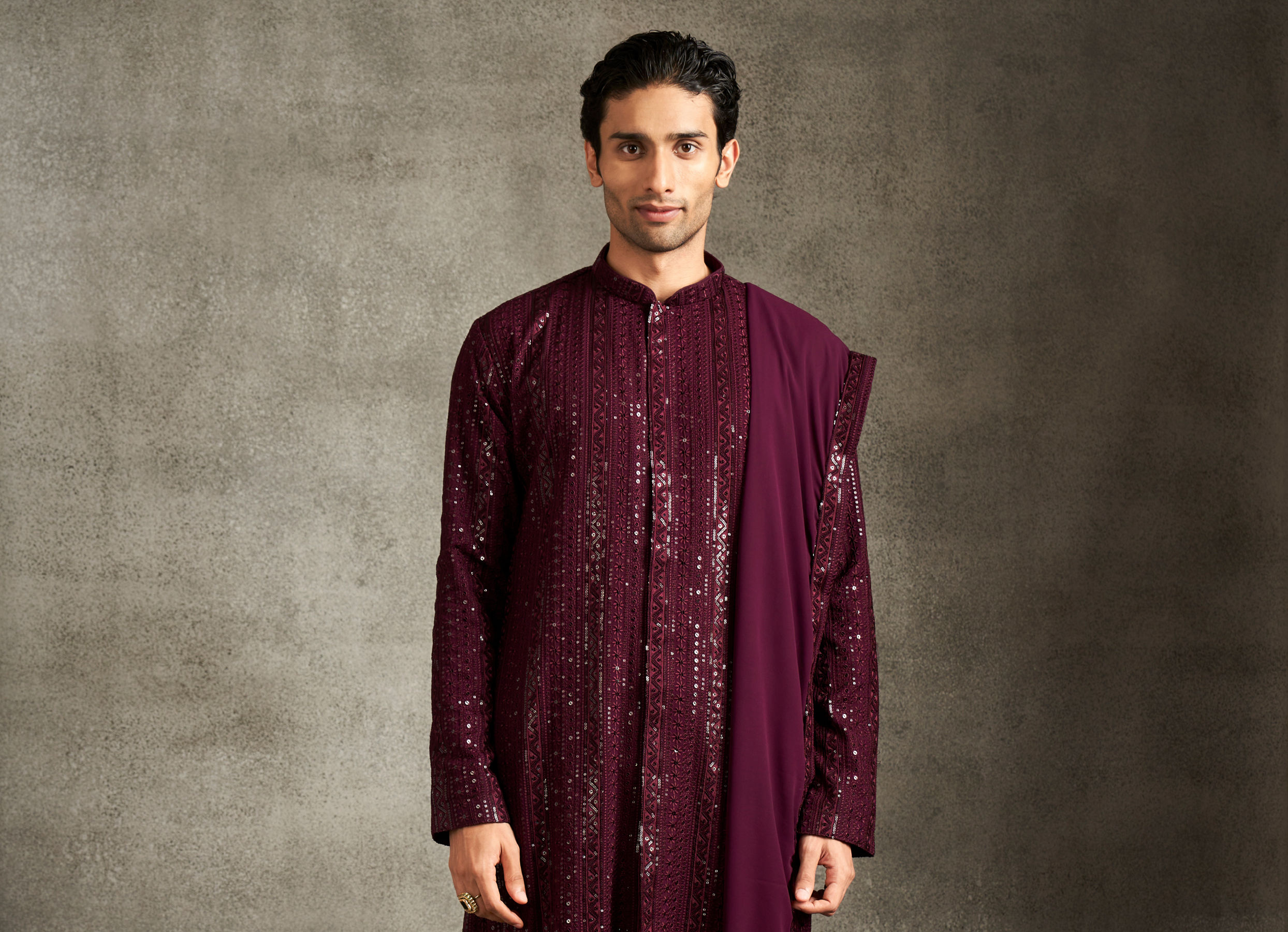 Twamev Men Wine Georgette Sequin Embroidered Kurta Set
