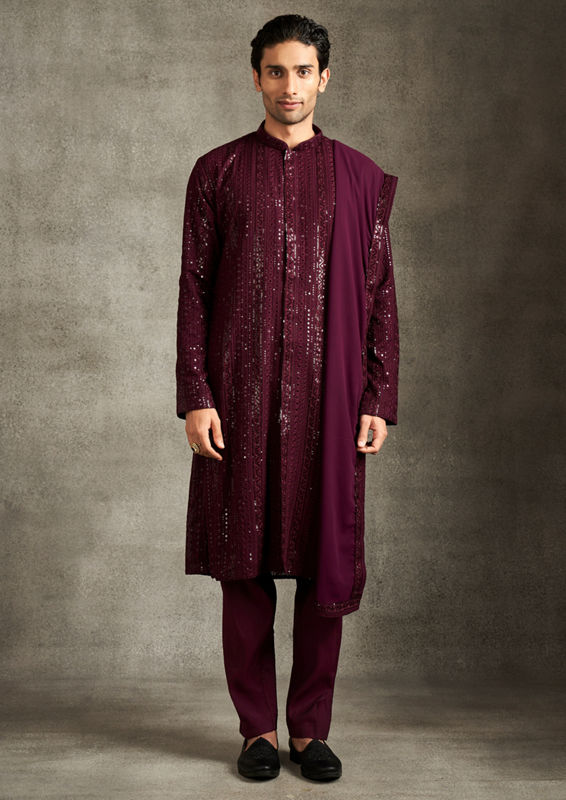 Twamev Men Elegant Wine Georgette Kurta Pajama