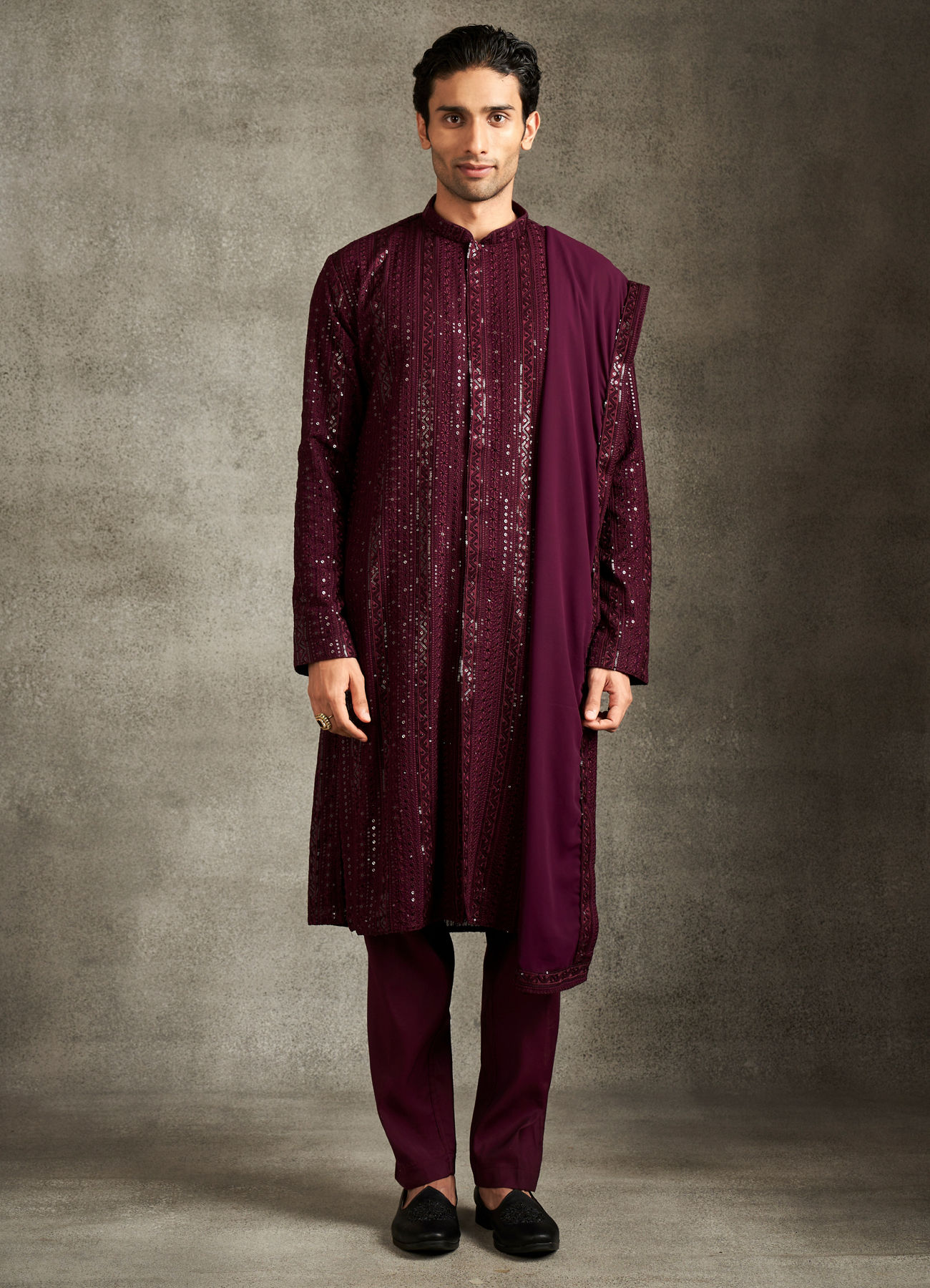 Twamev Men Wine Georgette Sequin Embroidered Kurta Set