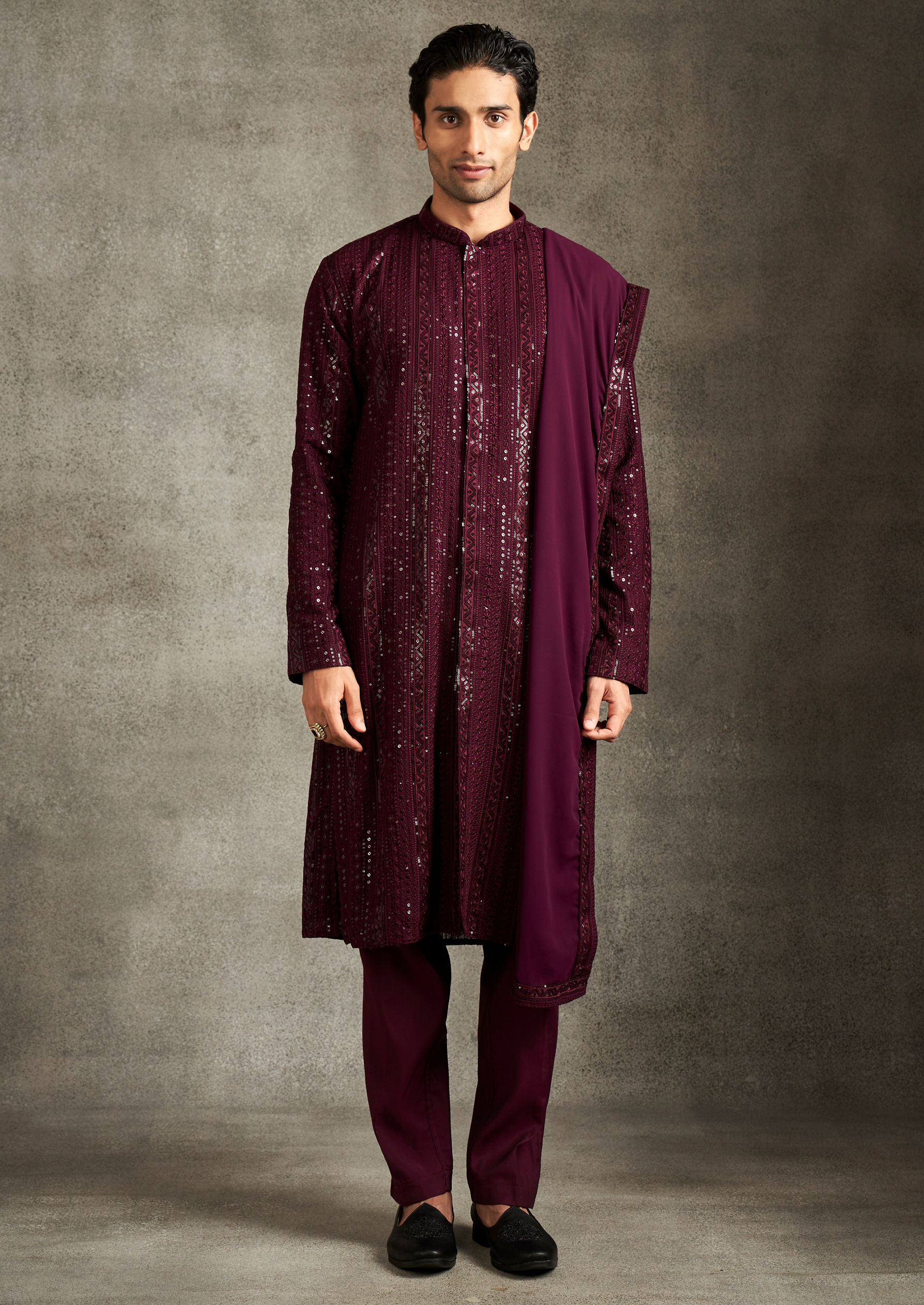 Twamev Men Elegant Wine Georgette Kurta Pajama