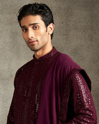 Twamev Men Wine Georgette Sequin Embroidered Kurta Set