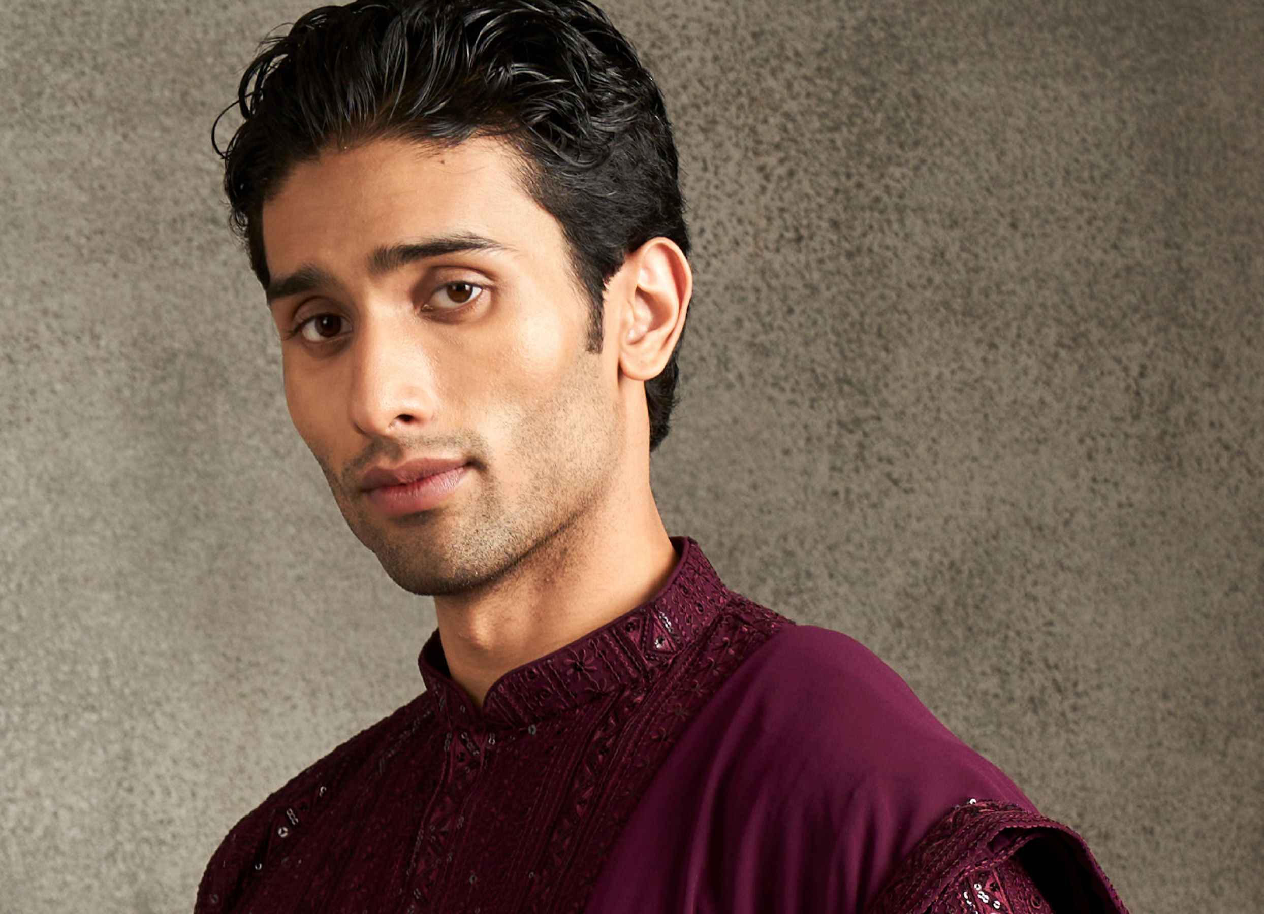 Twamev Men Wine Georgette Sequin Embroidered Kurta Set