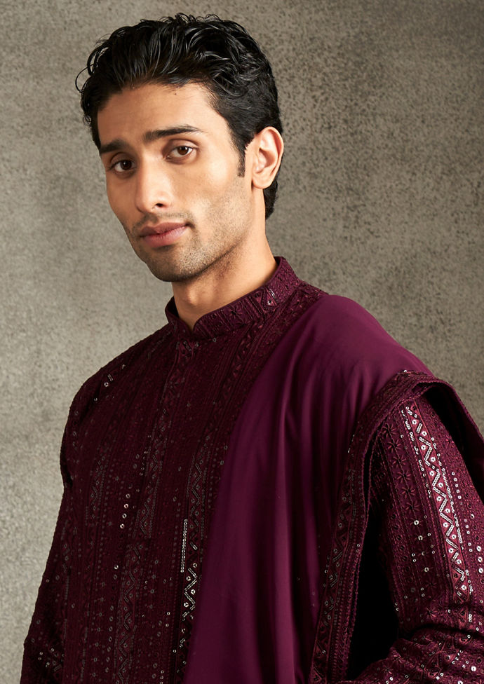Twamev Men Elegant Wine Georgette Kurta Pajama