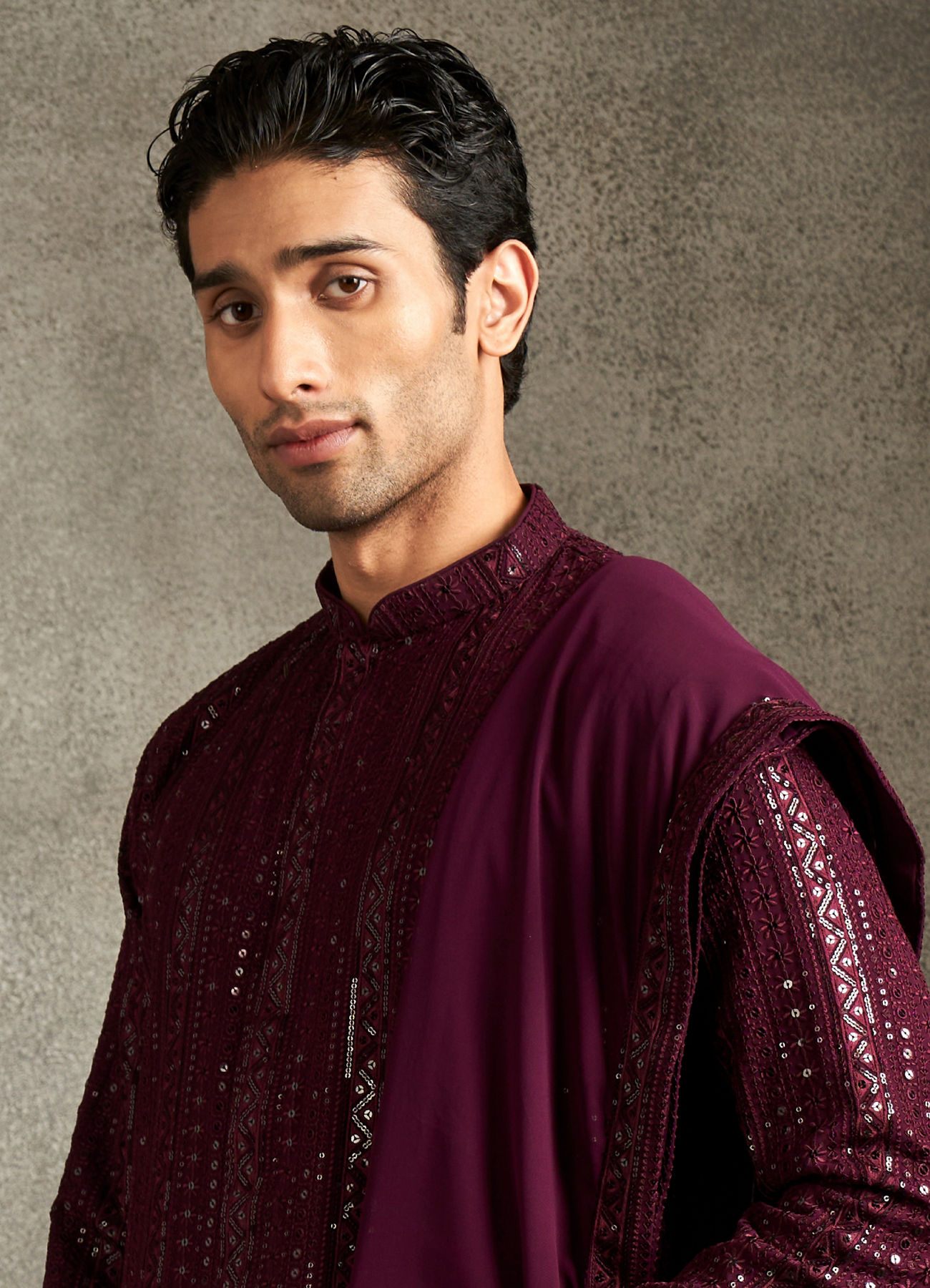 Twamev Men Wine Georgette Sequin Embroidered Kurta Set