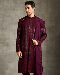Twamev Men Wine Georgette Sequin Embroidered Kurta Set