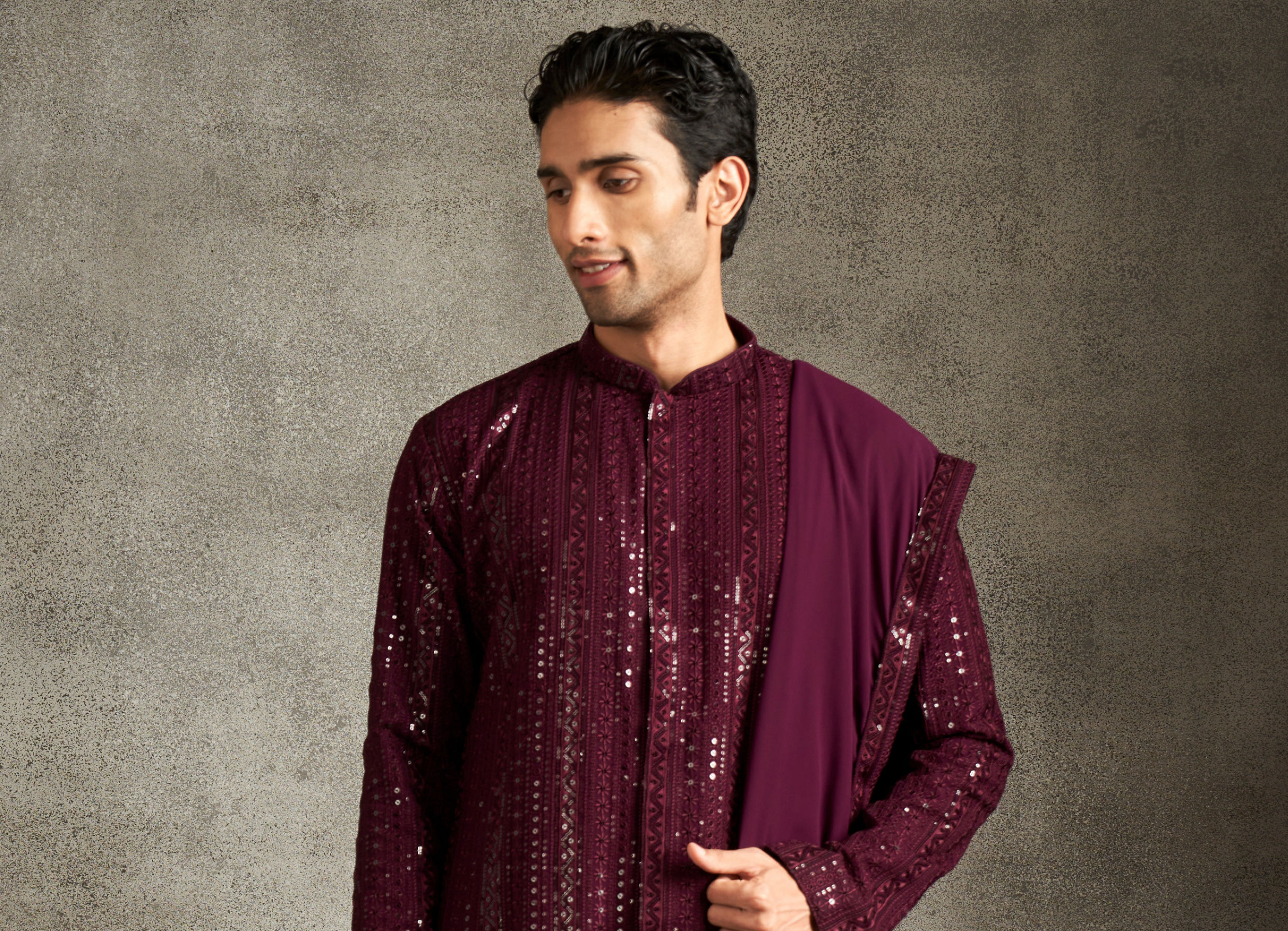 Twamev Men Wine Georgette Sequin Embroidered Kurta Set