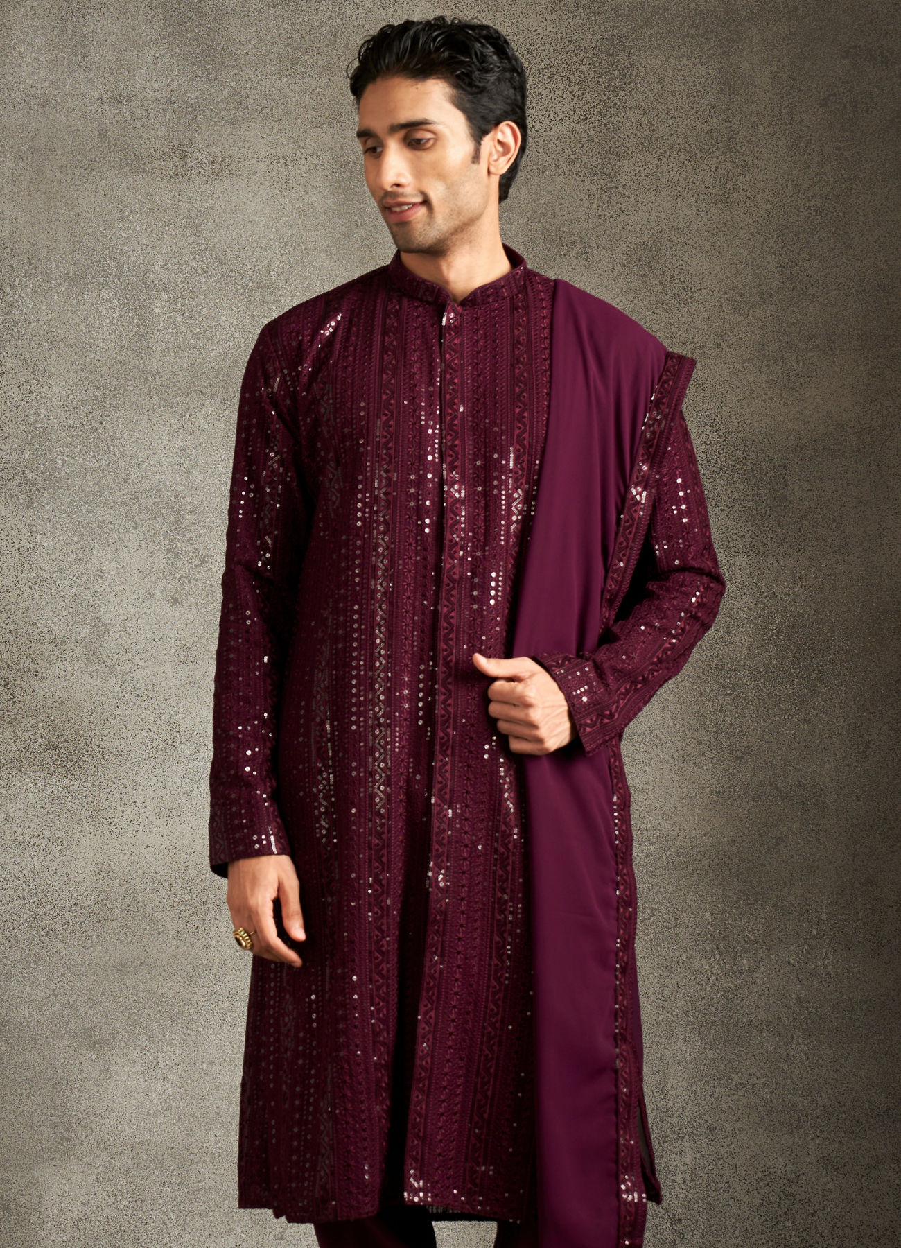 Twamev Men Wine Georgette Sequin Embroidered Kurta Set