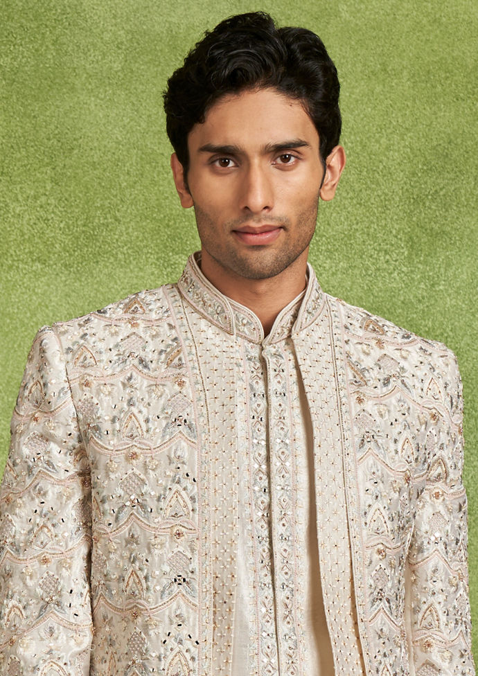Twamev Men Cream Silk Aari Embroidered Layered Sherwani