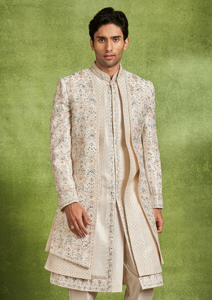 Twamev Men Cream Silk Aari Embroidered Layered Sherwani