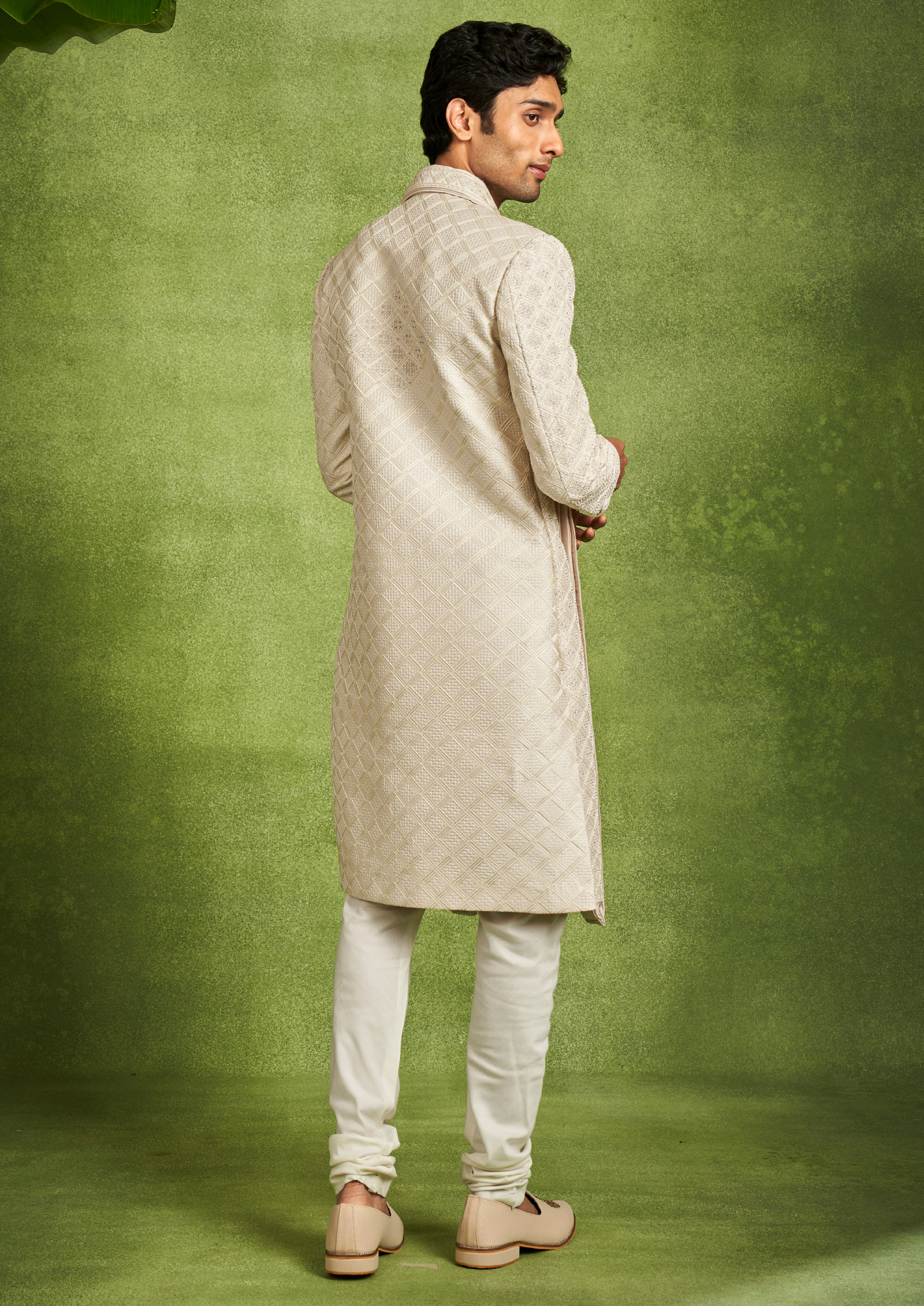Twamev Men Beige Embellished Sherwani