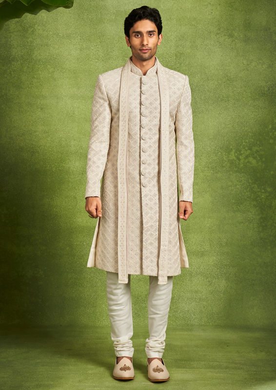 Twamev Men Beige Embellished Sherwani