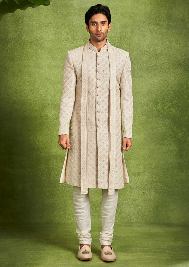 Twamev Men Beige Embellished Sherwani