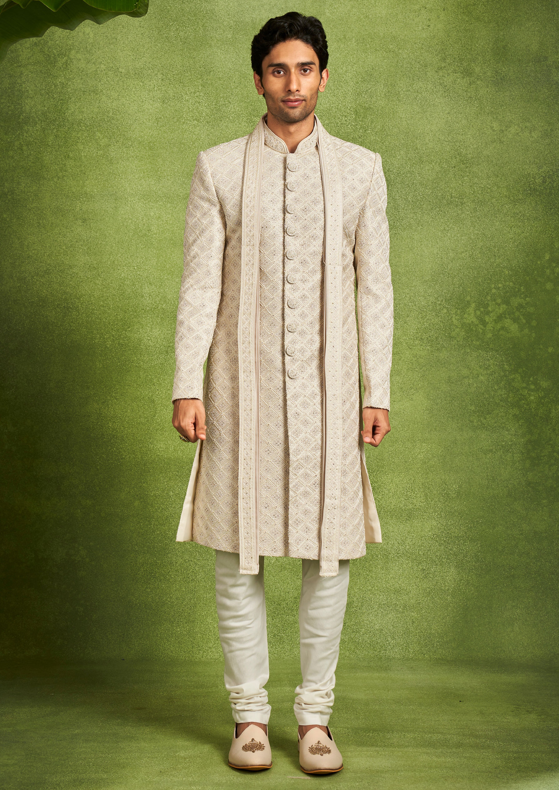 Twamev Men Beige Embellished Sherwani