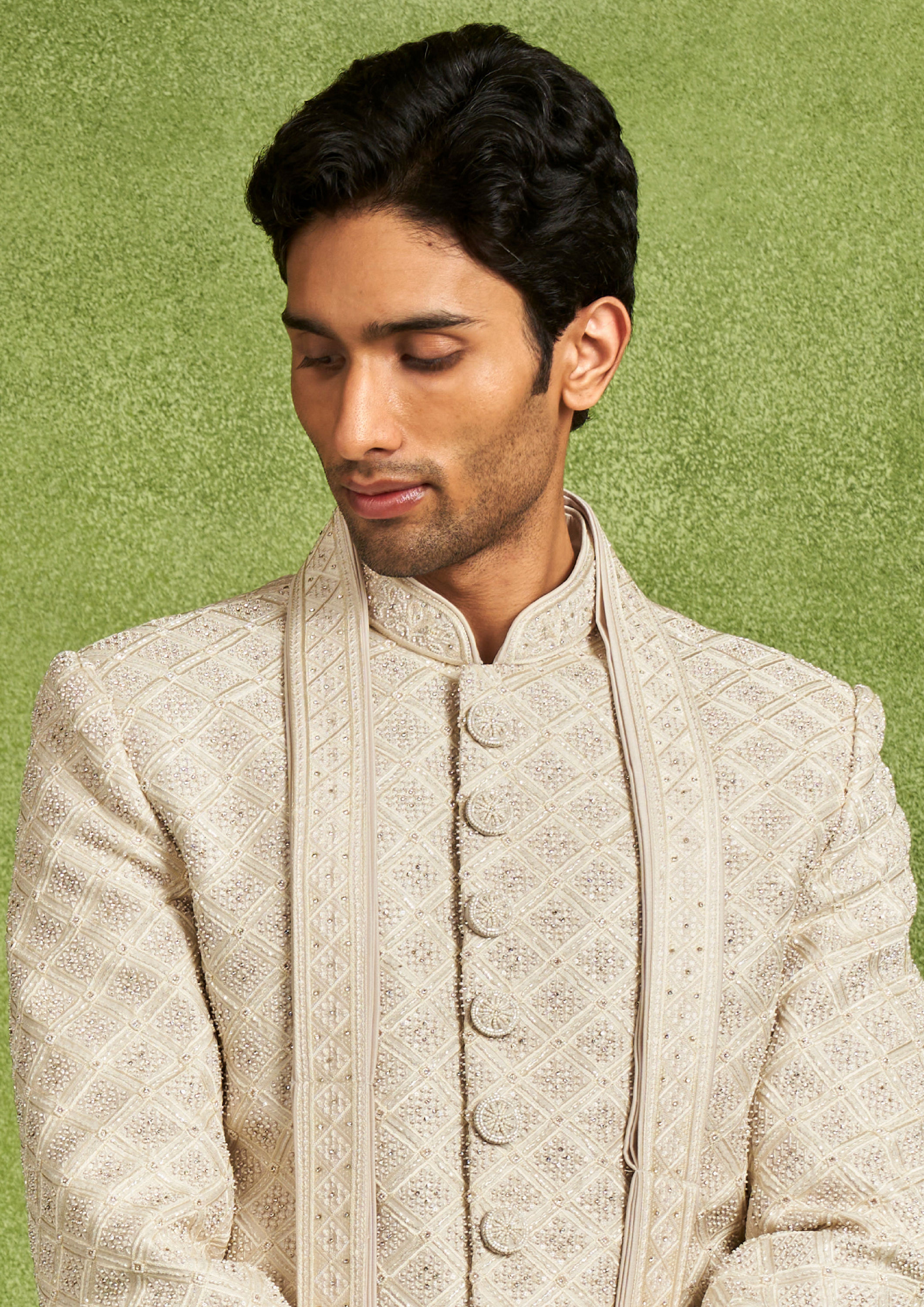 Twamev Men Beige Embellished Sherwani