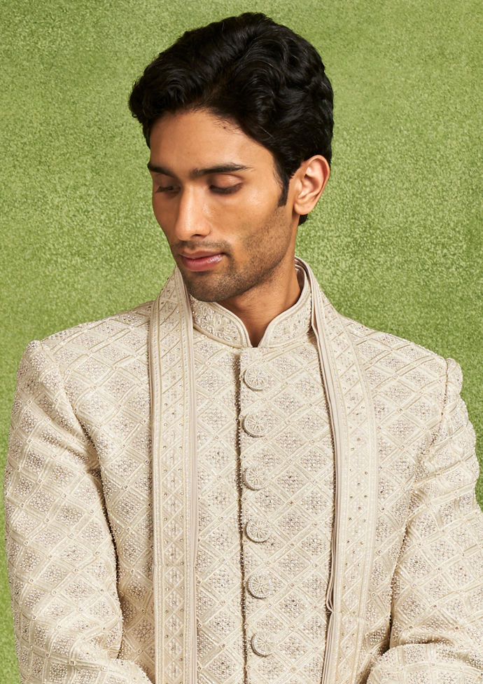 Twamev Men Beige Embellished Sherwani