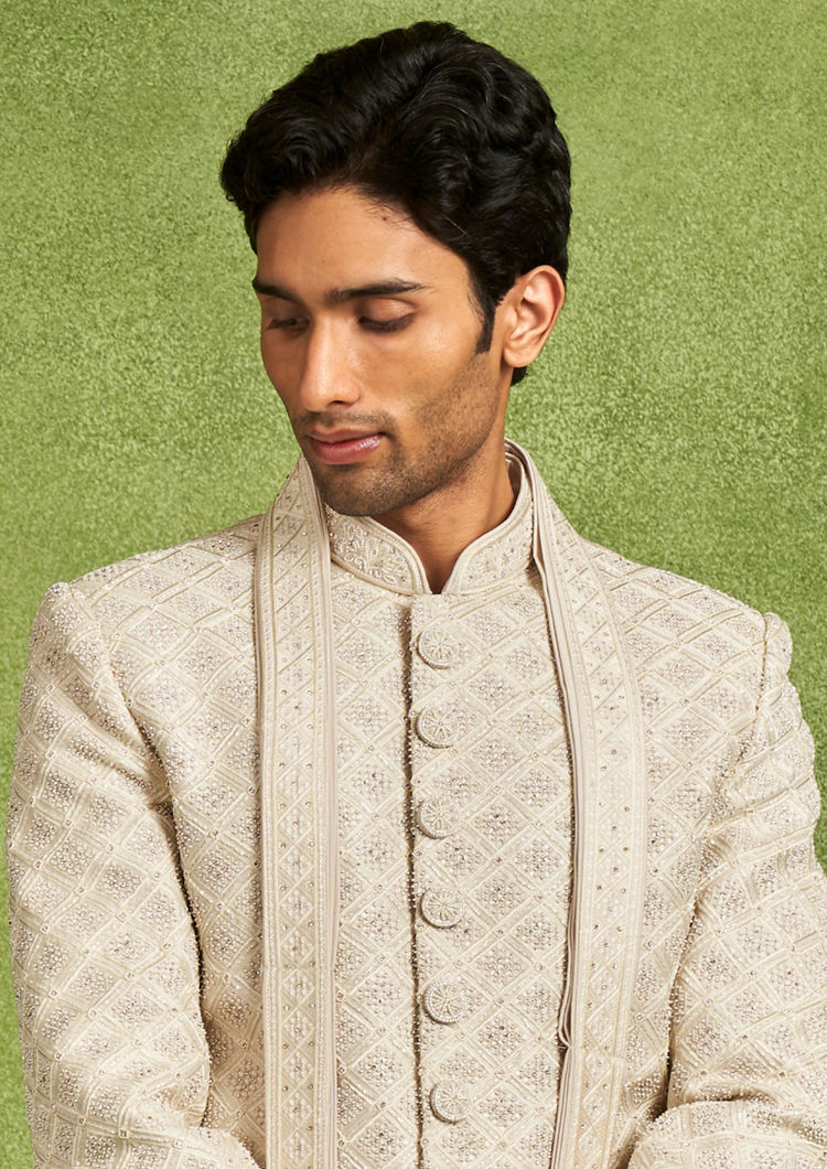 Twamev Men Beige Embellished Sherwani