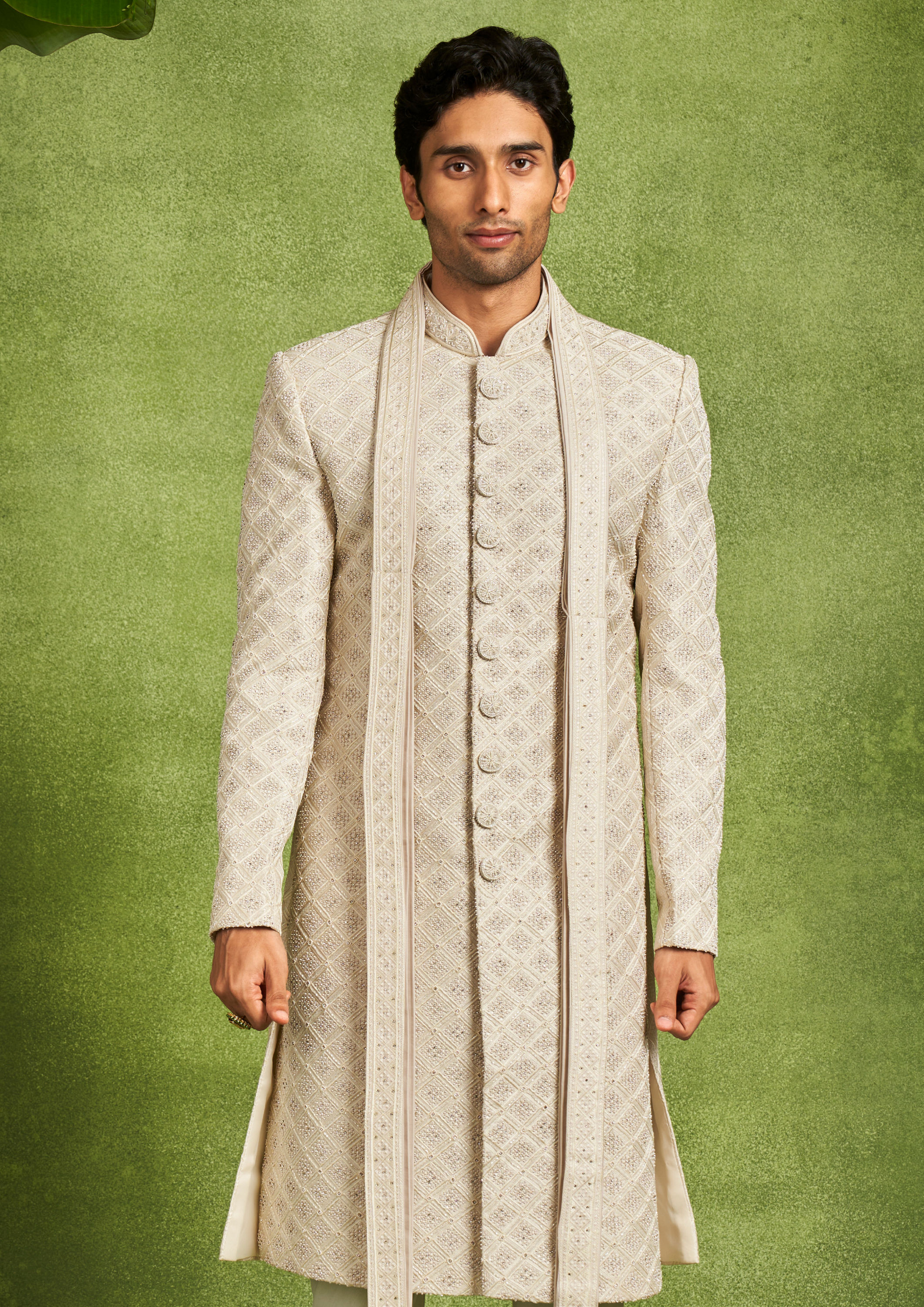 Twamev Men Beige Embellished Sherwani