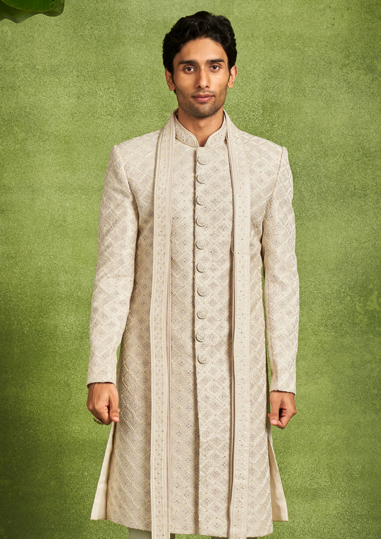 Twamev Men Beige Embellished Sherwani