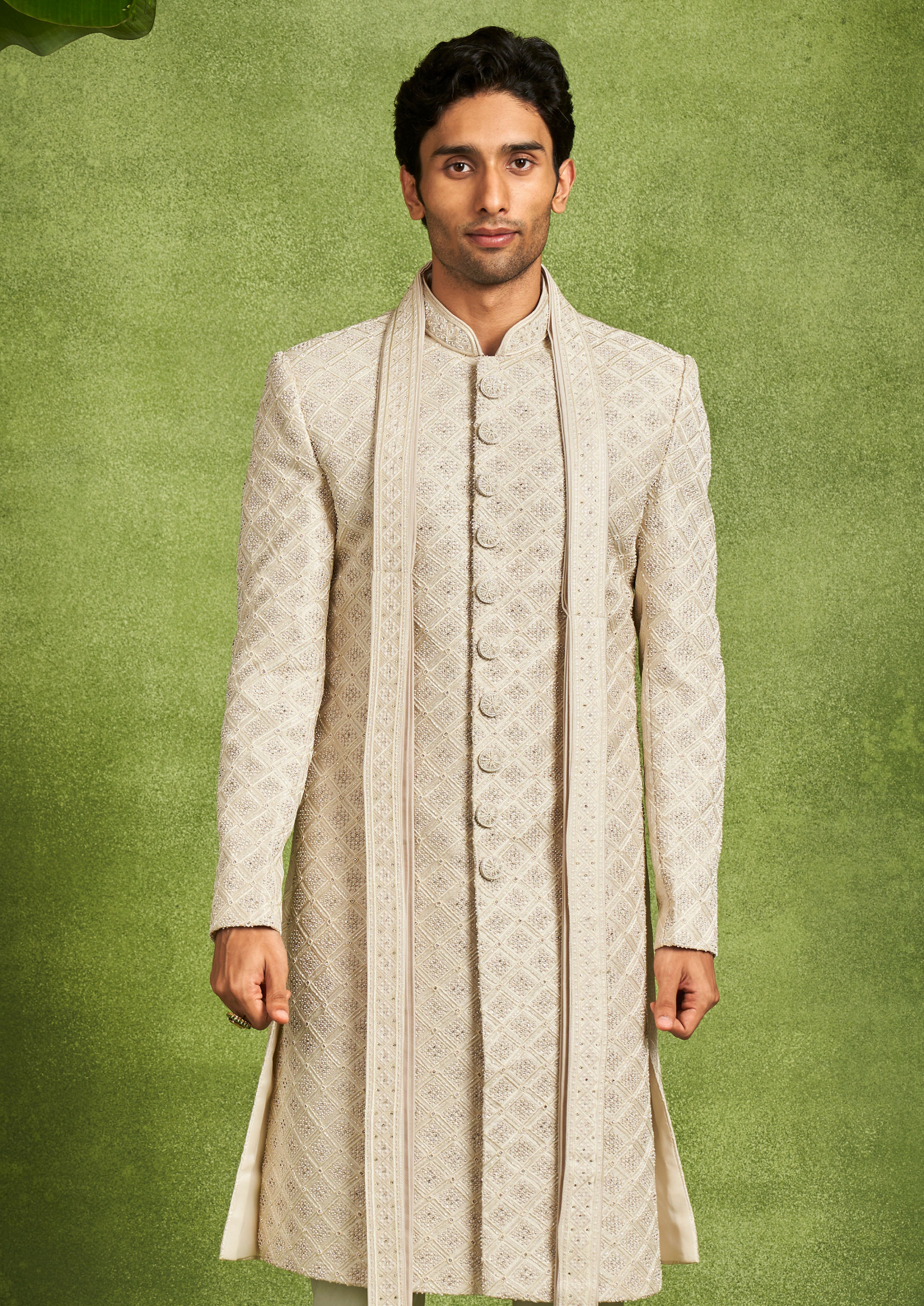 Twamev Men Beige Embellished Sherwani