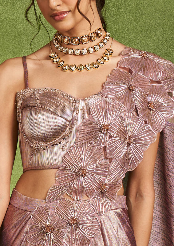 Twamev Women Dusty Pink Festive Saree