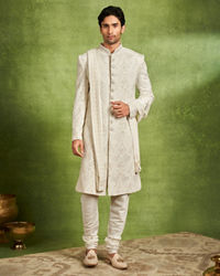 Twamev Men Ivory Silk Zardosi Jaal Embroidered Sherwani