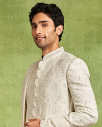 Twamev Men Ivory Silk Zardosi Jaal Embroidered Sherwani