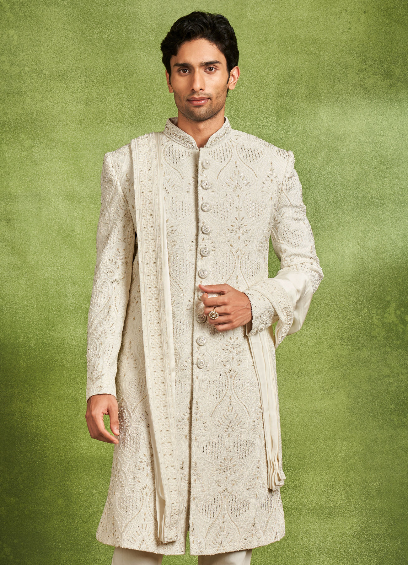 Twamev Men Ivory Silk Zardosi Jaal Embroidered Sherwani