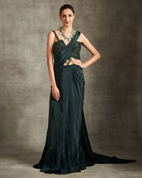 Twamev Women Bottle Green Satin Sequin 3D Embroidered Corset Draped Saree
