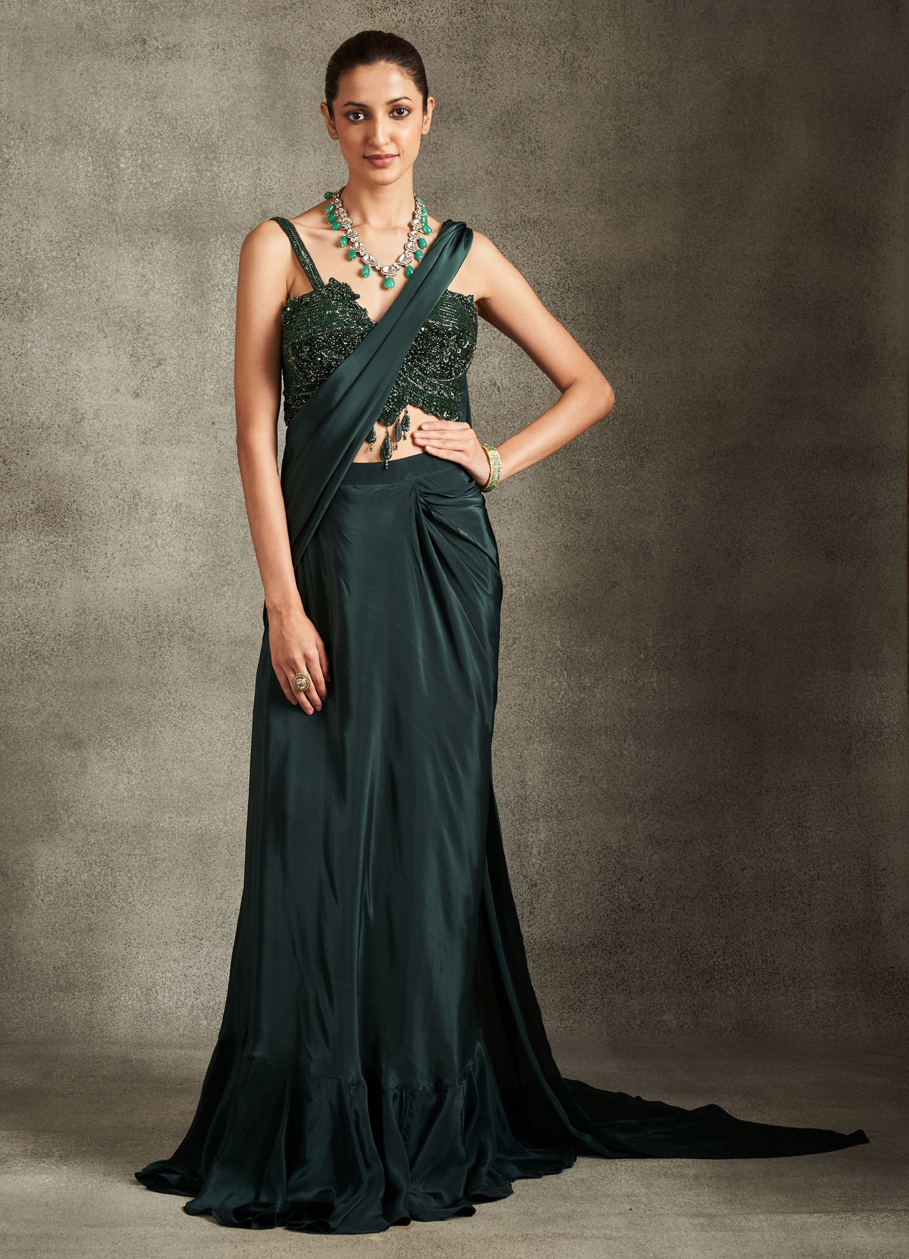 Twamev Women Bottle Green Satin Sequin 3D Embroidered Corset Draped Saree