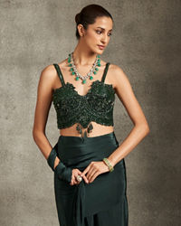 Twamev Women Bottle Green Satin Sequin 3D Embroidered Corset Draped Saree