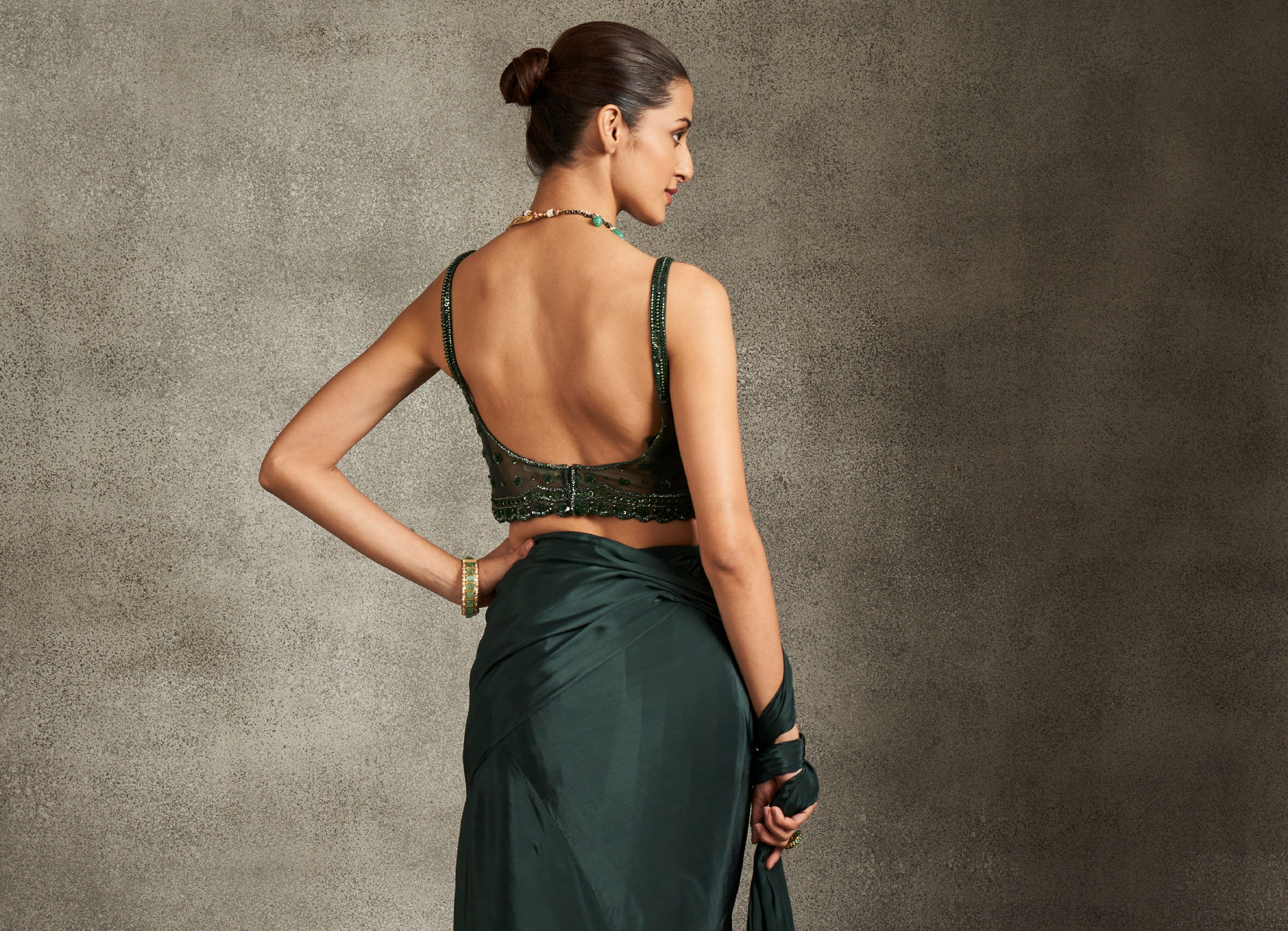 Twamev Women Bottle Green Satin Sequin 3D Embroidered Corset Draped Saree
