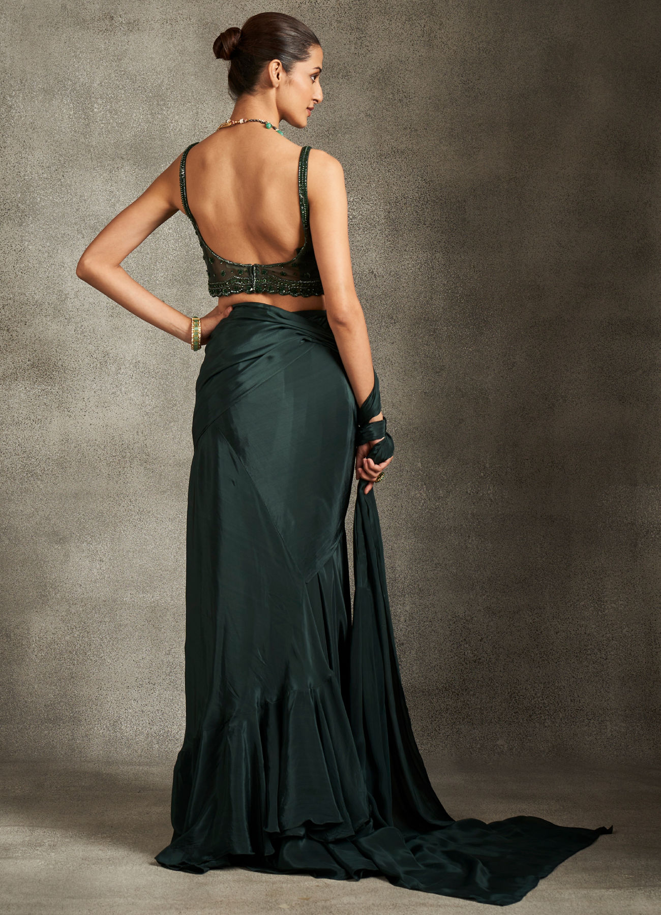Twamev Women Bottle Green Satin Sequin 3D Embroidered Corset Draped Saree