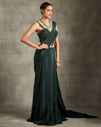Twamev Women Bottle Green Satin Sequin 3D Embroidered Corset Draped Saree