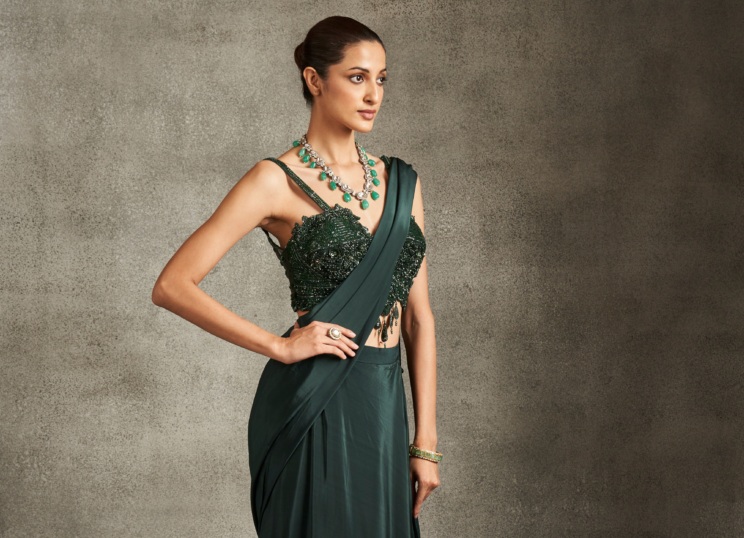 Twamev Women Bottle Green Satin Sequin 3D Embroidered Corset Draped Saree