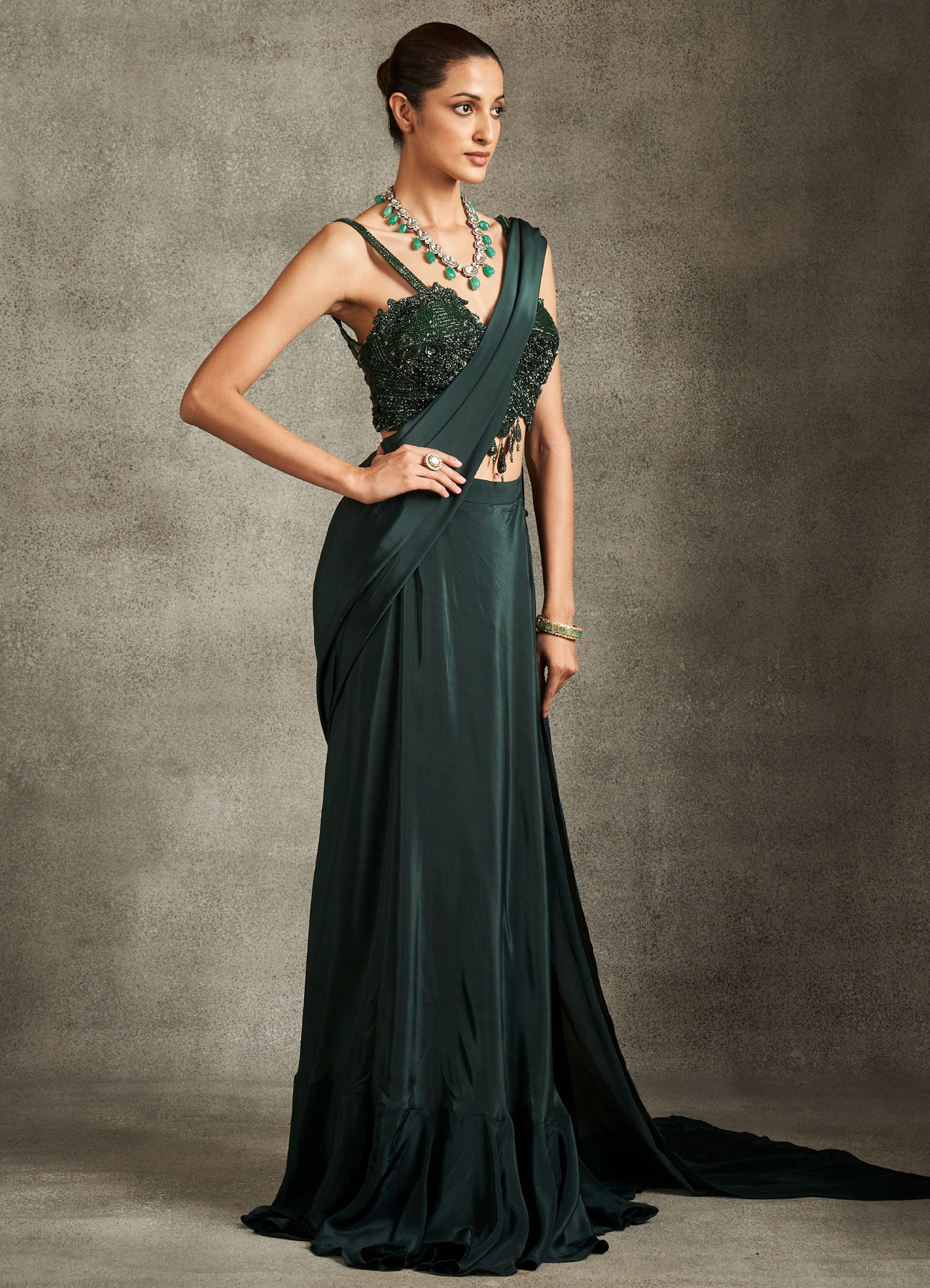 Twamev Women Bottle Green Satin Sequin 3D Embroidered Corset Draped Saree