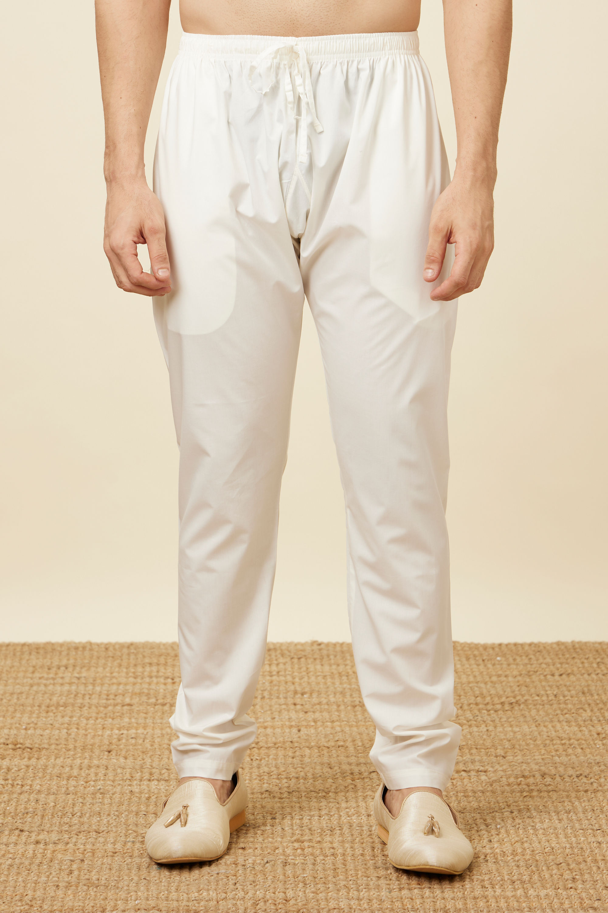 Manyavar Men Plain Cream Pencil Fit Pant