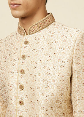 Cream Bel Buti Patterned Sherwani set image number 1