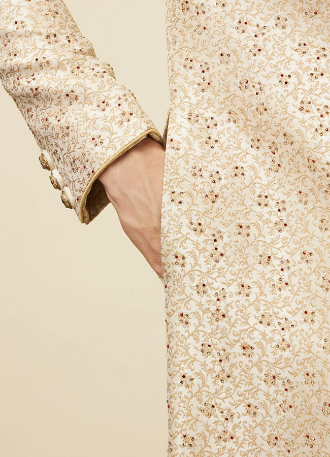 Cream Bel Buti Patterned Sherwani set image number 2