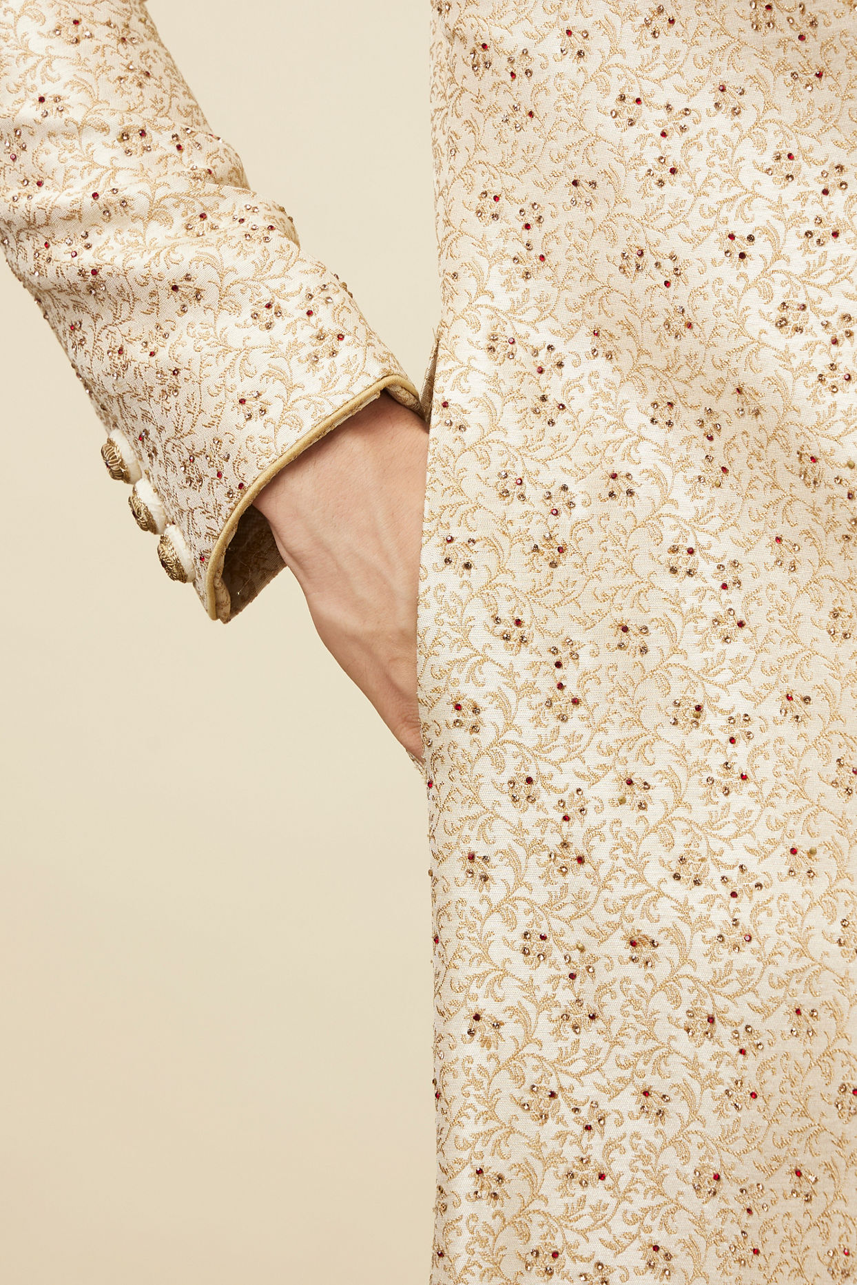 Cream Bel Buti Patterned Sherwani set image number 2