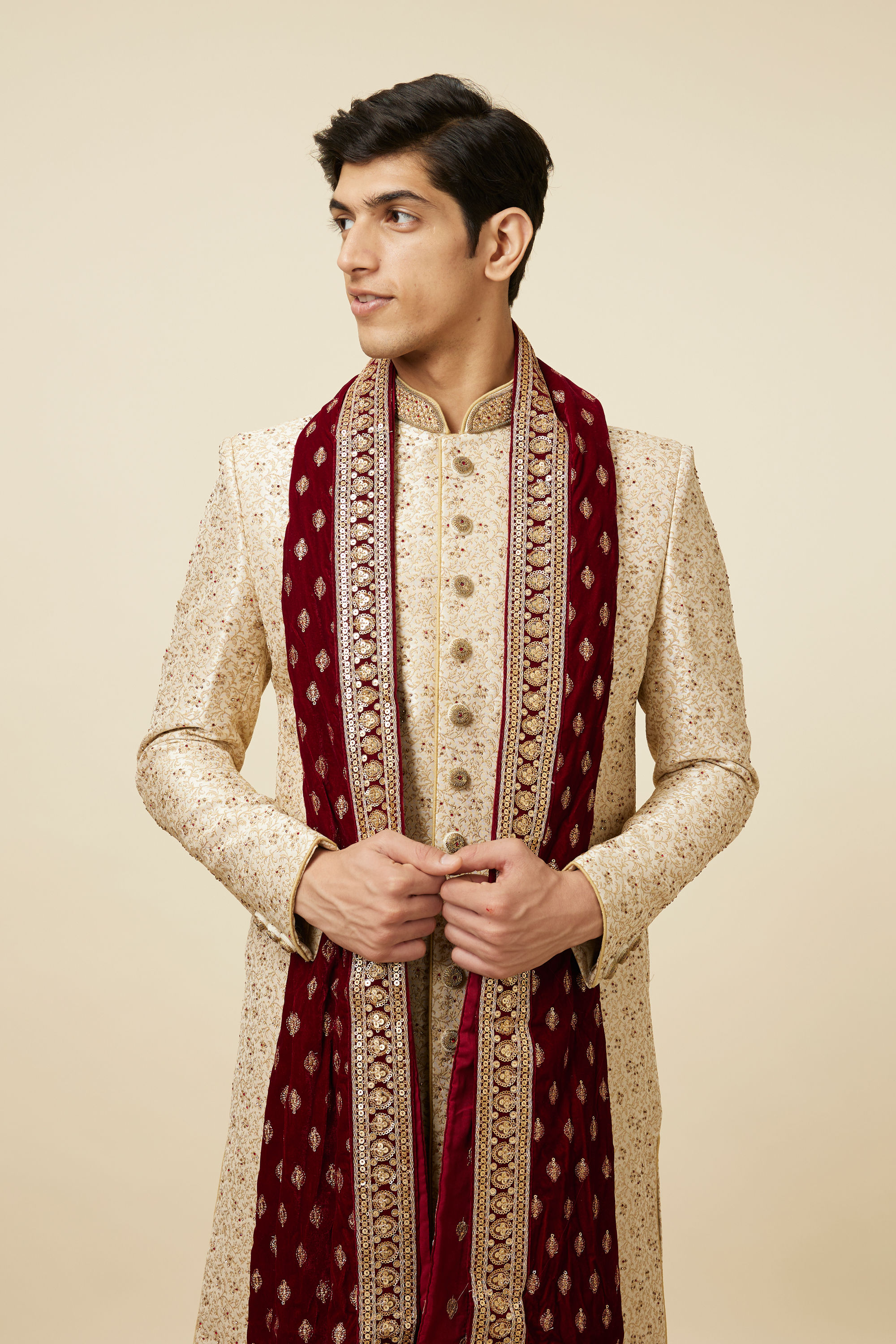 Manyavar Men Cream Bel Buti Patterned Sherwani set