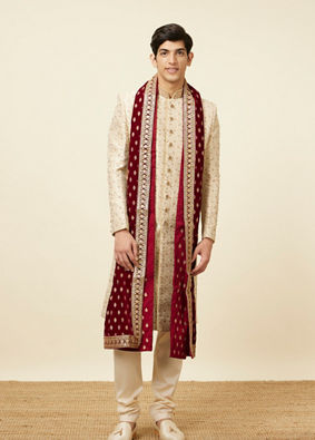 Cream Bel Buti Patterned Sherwani set image number 3