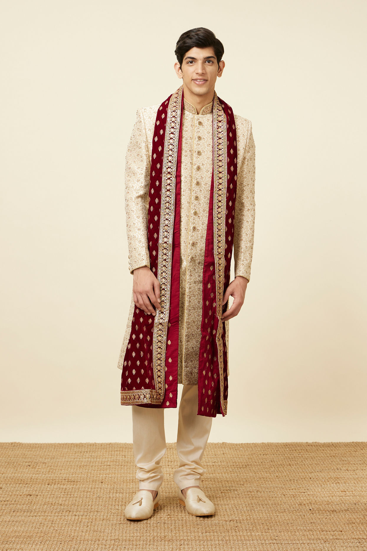 Off-White Jacquard Sherwani Suit image number 3