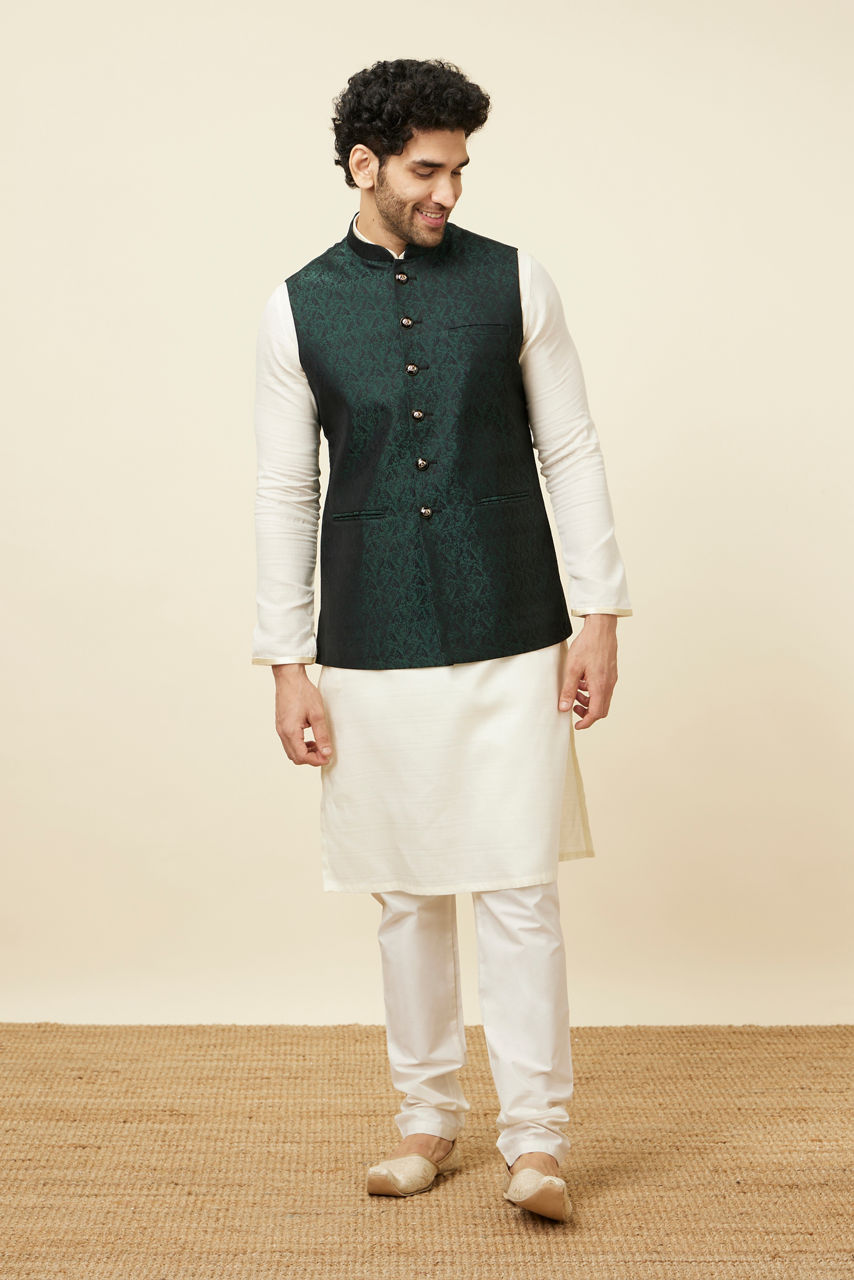 Manyavar Men Bottle Green Self Print Jacket