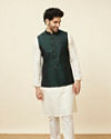 alt message - Manyavar Men Bottle Green Self Print Jacket image number 2