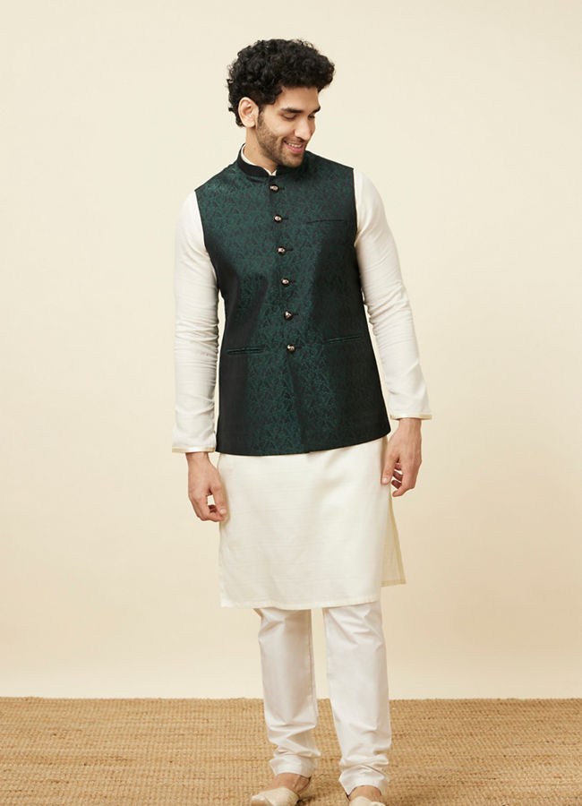 alt message - Manyavar Men Bottle Green Self Print Jacket image number 2